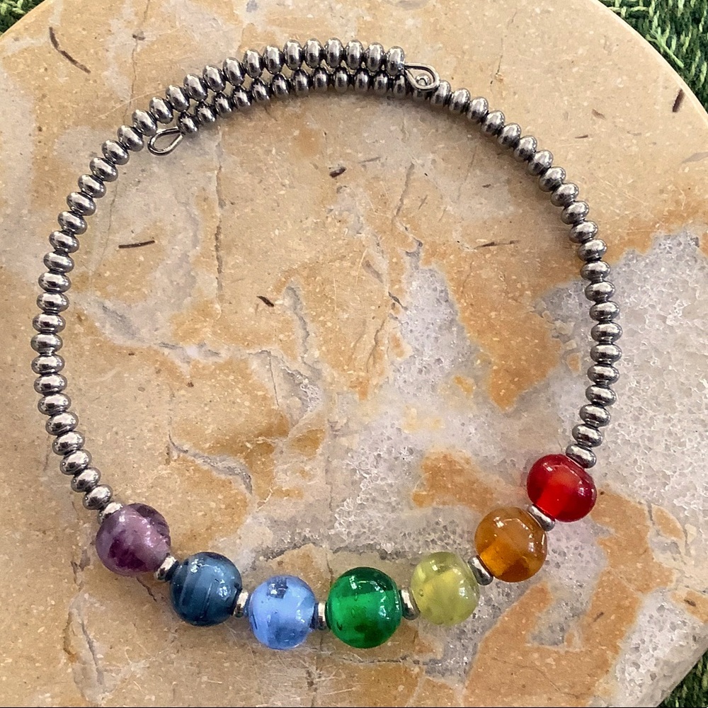 Vintage Glass Chakra bangle bracelet stainless  7”